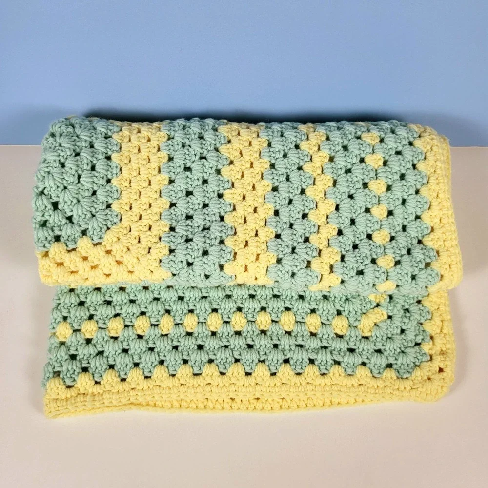 Vintage Handmade CROCHET AFGHAN‎ BABY LAP BLANKET PASTEL Yellow Blue 35